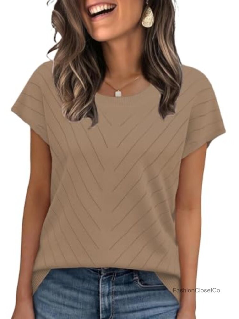 Women's Short Sleeve Sweater Crewneck Viscose Blend Knit Top Business Casual